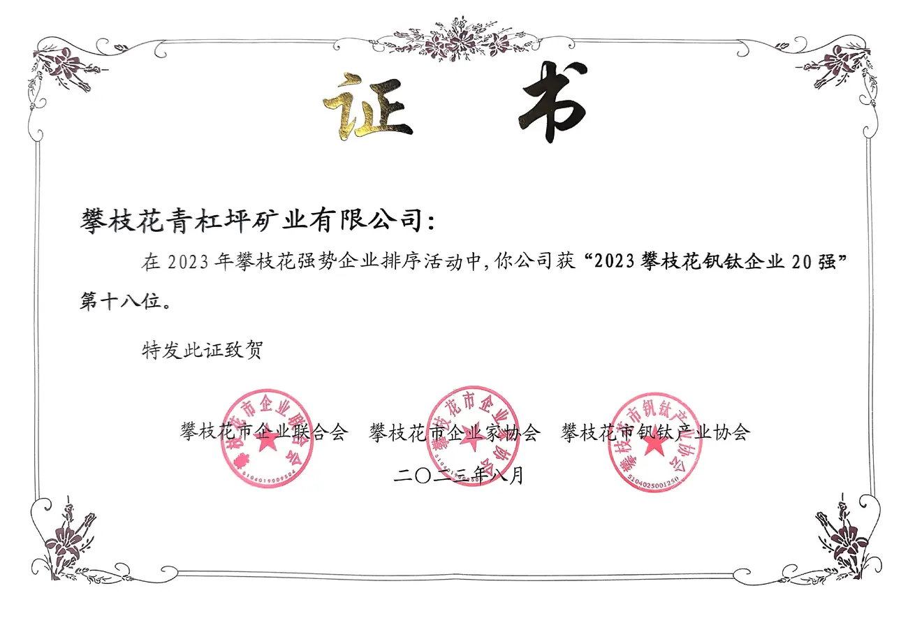 年攀枝花钒钛企业20强 第十八位